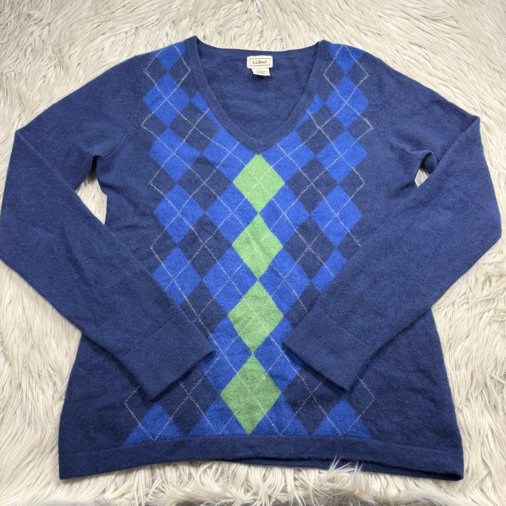 L.L. Bean Women's M Blue Green Argyle V-Neck Cashmere Sweater Preppy Heritage
